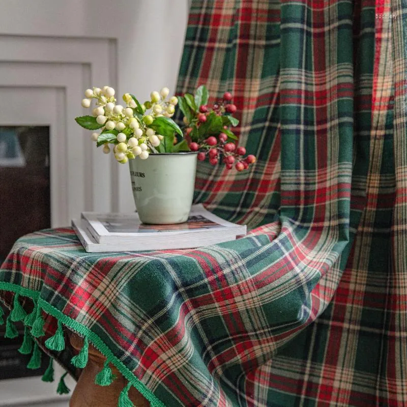 Rideau Coton Lin Vert Plaid Impression Rideaux De Noël Avec Glands Semi-ombrage Cuisine Baie Vitrée Décor À La Maison Salon