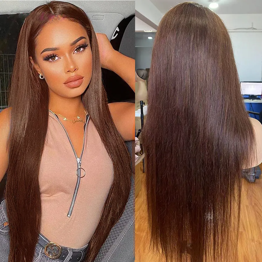 Brown Straight Body Wave Lace Front Wig 13x4 Perruques de cheveux humains transparents pour les femmes