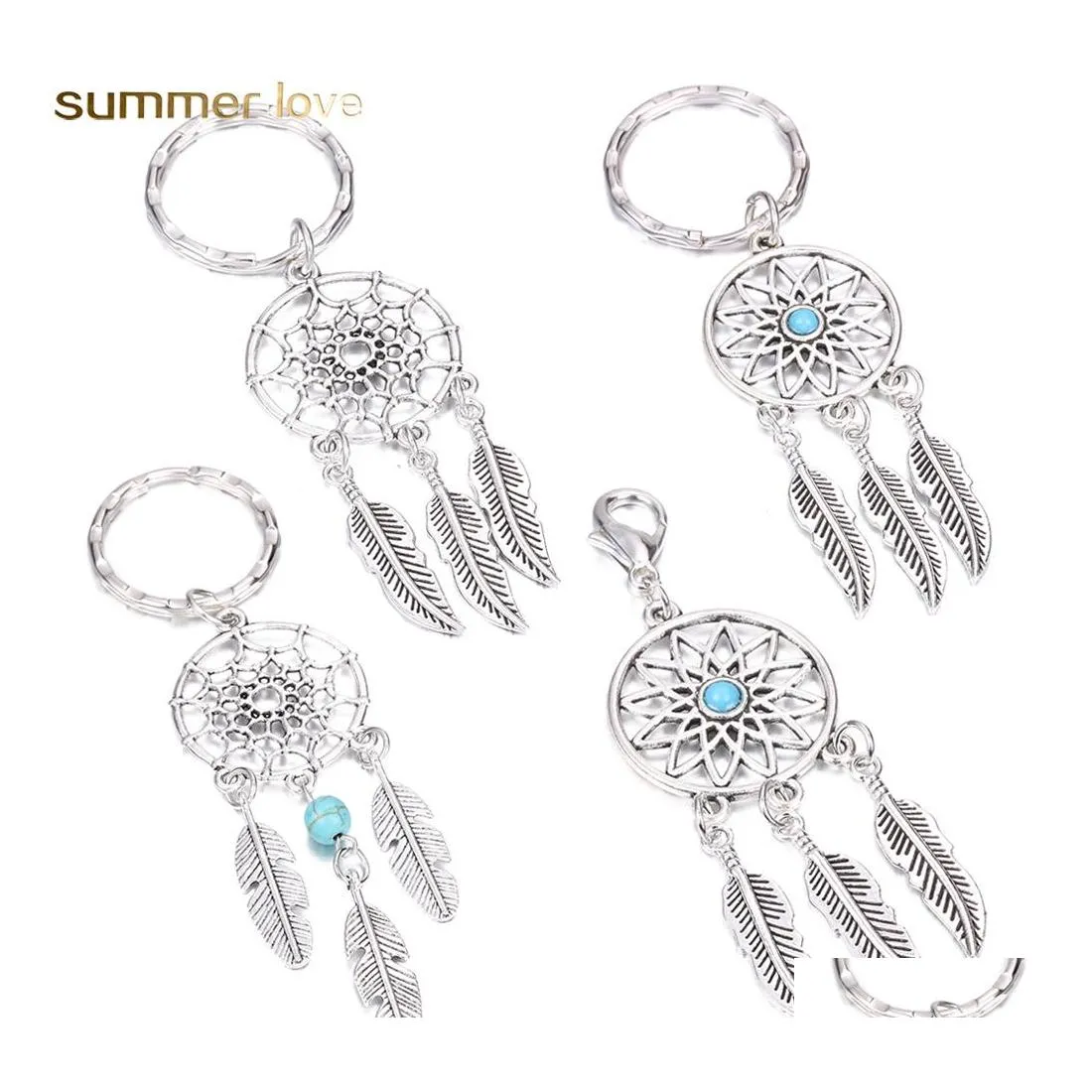 Nyckelringar antika Sier Tassel Pärlor Feather Dreamcatcher Keychain Kvinnor Vindklockor Kedja Leaf Bilväska Dekoration Indisk stil Drop Dhry0