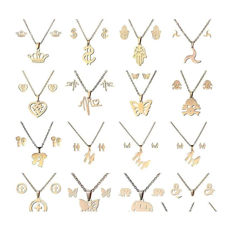 Boucles D'oreilles Collier 16 Styles En Acier Inoxydable 316L Ensembles De Bijoux Couronne Skl Papillon Éléphant Coeur Pendentif Boucle D'oreille Ensemble Pour Les Femmes Fas Dh1Ym