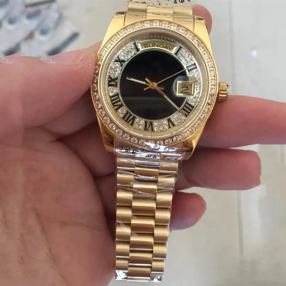 Mens kijkt naar nieuwe gouden 18k gouden mannen automatisch horloge vol diamanten gezicht saffier stevige riem 36mm258h