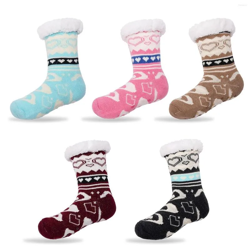 Femmes chaussettes coton imprimé rayure épais anti-dérapant tapis de sol épaissir hiver polaire chaussette intérieur chaud