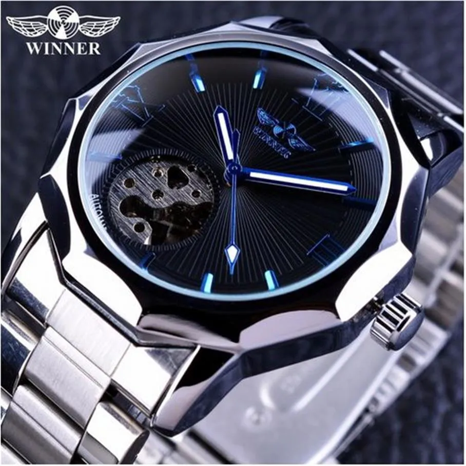 Vincitore Blue Ocean Geometry Design Acciaio inossidabile di lusso quadrante piccolo scheletro Orologi da uomo Orologio da polso automatico di lusso di marca superiore304B