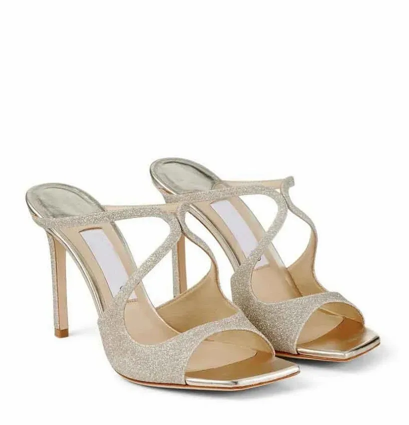 Célèbre Marque Anise Glitter Sandales Chaussures Femmes Maille Carré-toe Mules Croix Strappy Lady Talons Hauts Fête De Mariage Élégant Pantoufles EU35-43 Avec Boîte