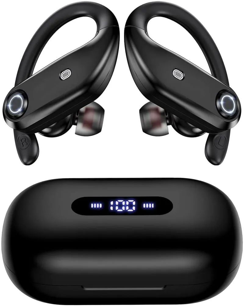 Auricolari Tws Cuffie Bluetooth 4 microfoni Chiamata chiara 100 ore di riproduzione con custodia di ricarica wireless 2200 mAh Auricolari wireless sopra l'orecchio per sport, corsa, giochi