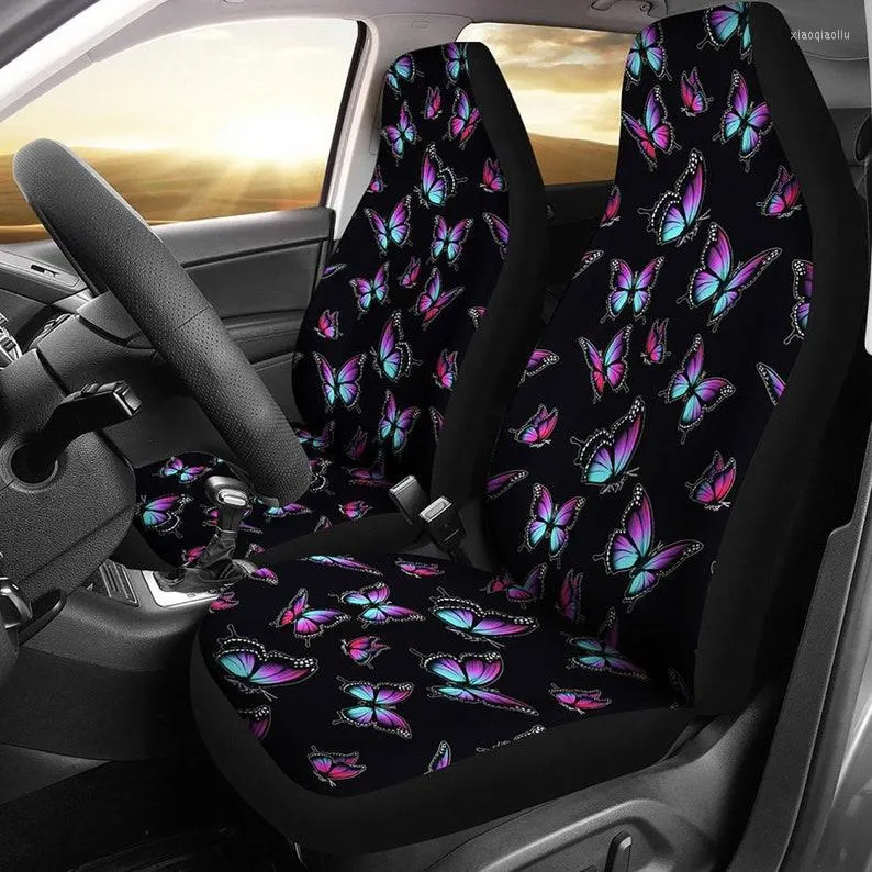 Auto -stoel bedekt blauw en paars ombre vlinderpatroon op zwarte achtergrond universeel geschikt voor de meeste emmerzitjes Girly Protectors