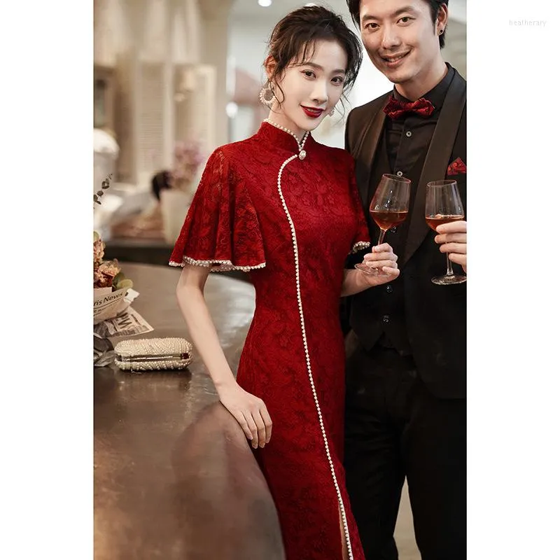 Vêtements ethniques Automne Hiver Dentelle Cheongsam Toast Robes de réunion annuelles à manches courtes Tissu de mariage rétro chinois