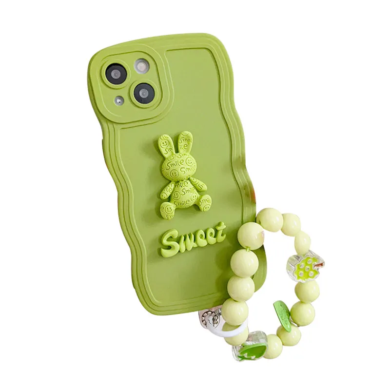 Étuis de téléphone portable mignons 3D vert motif ondulé motif haut de gamme couvertures arrière étui souple pour iPhone 14 plus 13 12 11 pro max XS XR Apple housse de protection avec bracelet