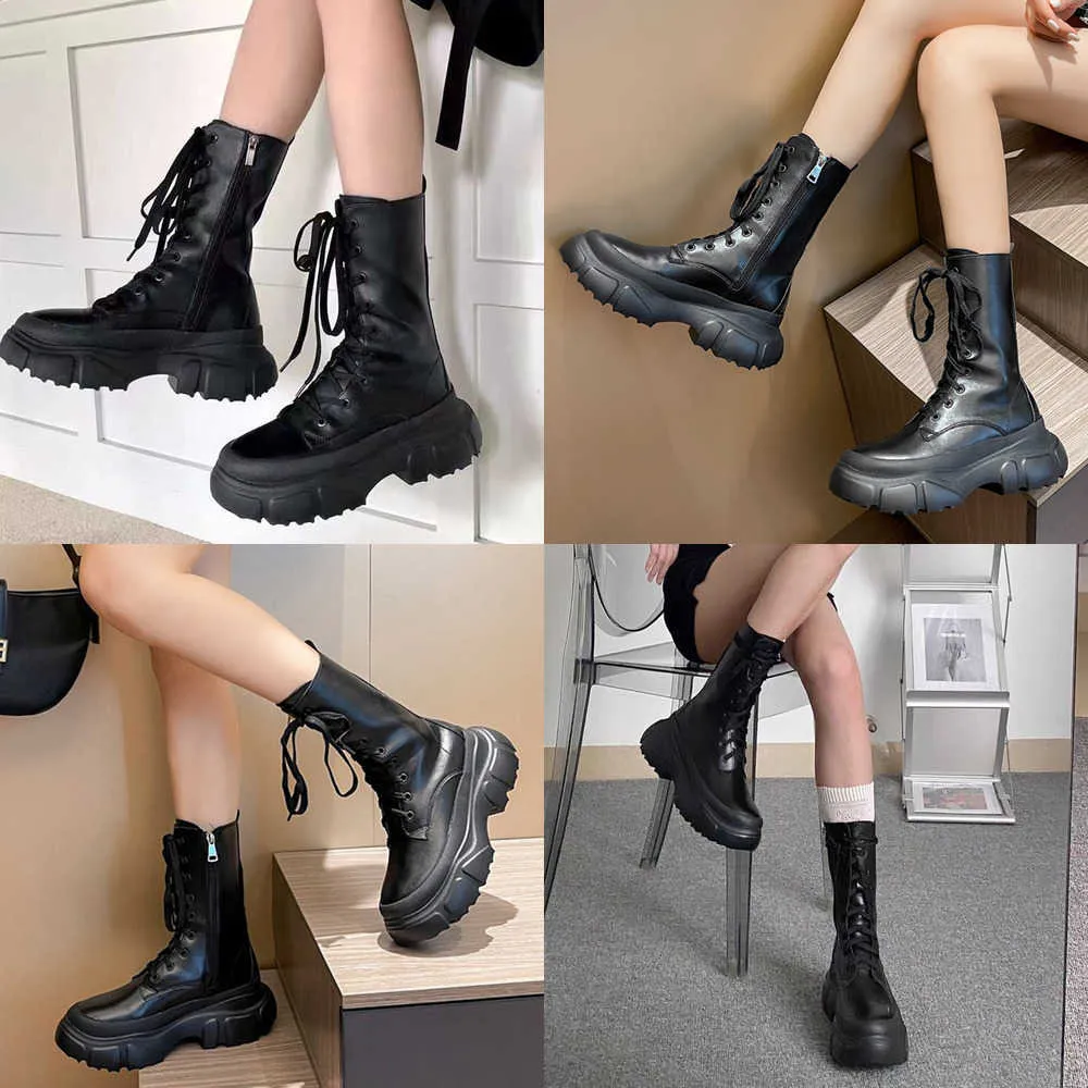 Stivali Rimocy Punk Lace Up Chunky Mid Calf Women Pu Leather High Platform Moto Donna Cerniera Tacchi spessi Scarpe gotiche 221213