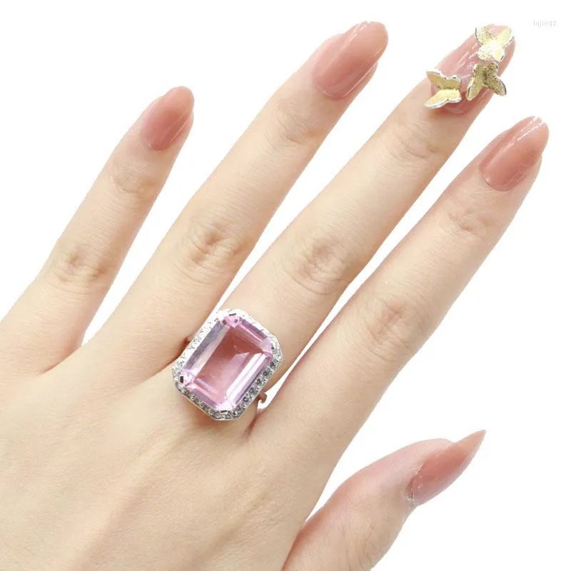 Cluster Rings 20x17mm Jolie 7.3g Rose Kunzite Blanc CZ Femmes Usage Quotidien Argent 925 Goutte En Gros