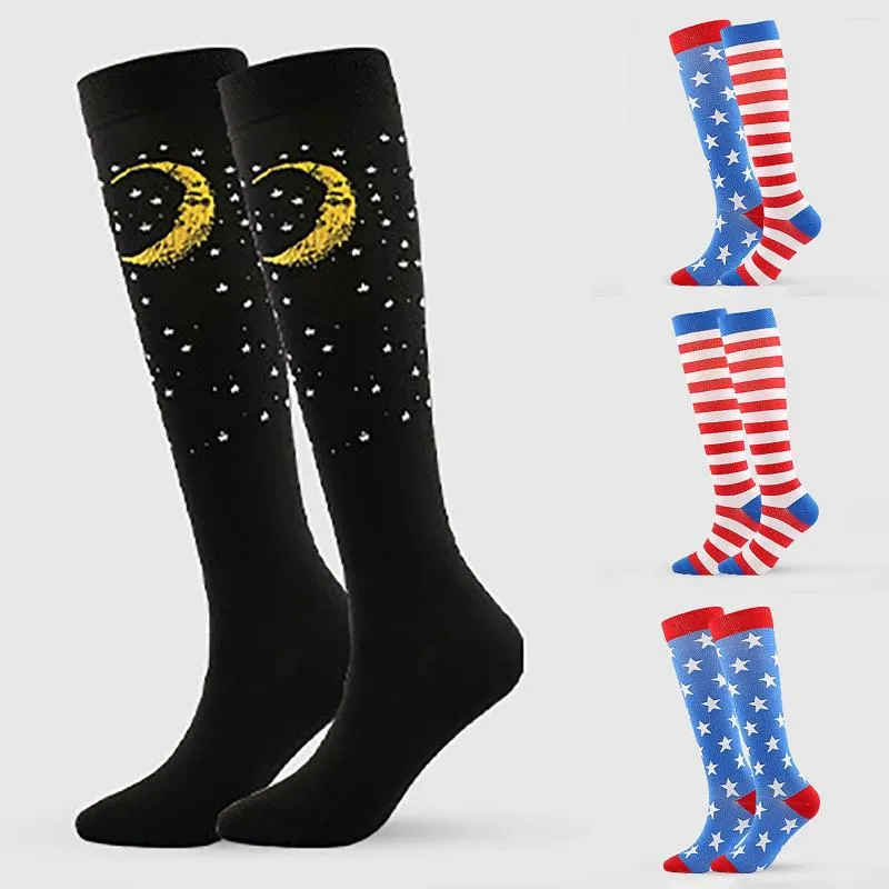 Women Socks Leg Support Stretch Compression Stockings Outdoor Sport Fashion Print Below Knee Long