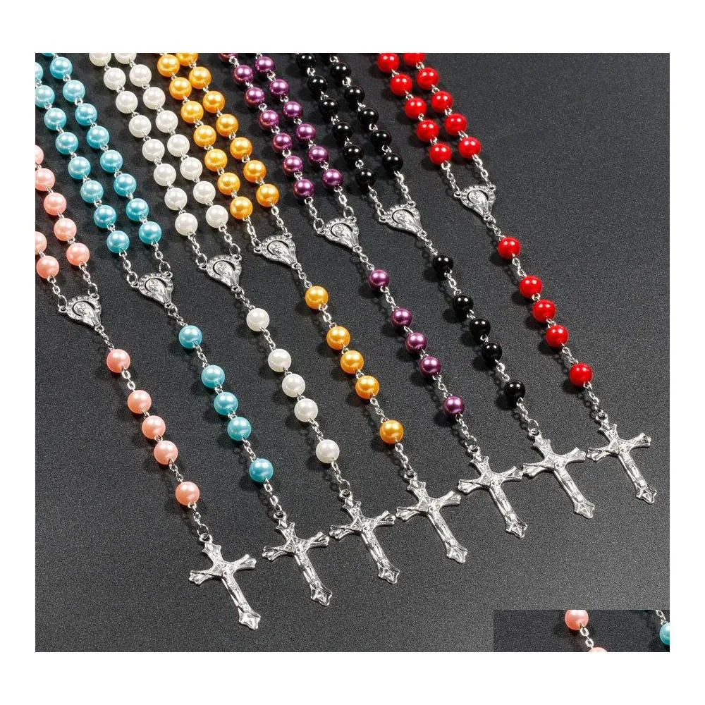 Pendant Necklaces 7 Colors Religious Catholic Rosary Jesus Cross Long 8Mm Bead Chains For Women Men Christian Jewelry Gift Drop Deli Dhzl1