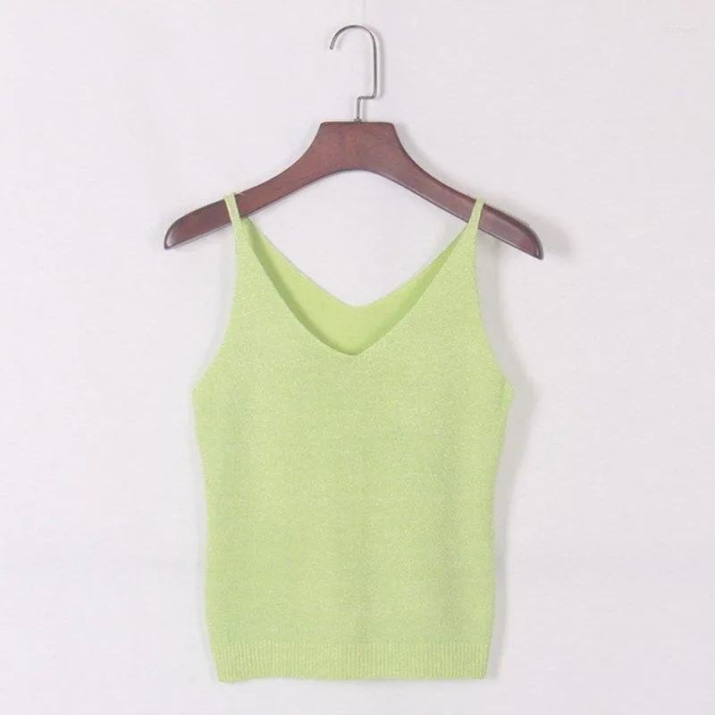 Camisetas sin mangas de verano para mujer, camisola de punto de seda brillante, camisa ajustada sin mangas con cuello en V, parte inferior de Color sólido, talla única