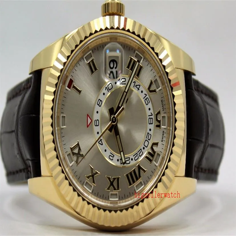 Luxury Sky Dweller 326138 18K42mm Yellow LeatherGold Brand New Automatic Machinery Mens Watch Men's Wristwatches3288