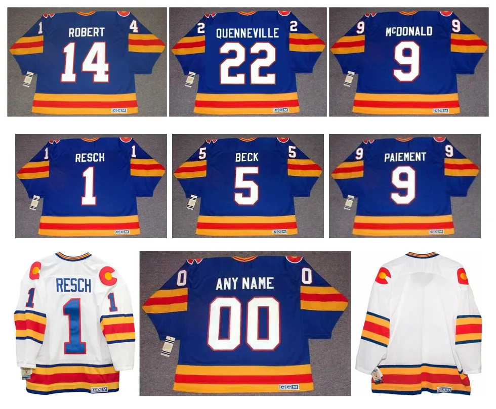 Vintage Rockies Retro Hockey Jersey Colorado Glenn Resch Barry Beck Lanny McDonald Joel Quenneville Wilf PaiMent Rene Robert John Wensink Rob Ramage Gillis