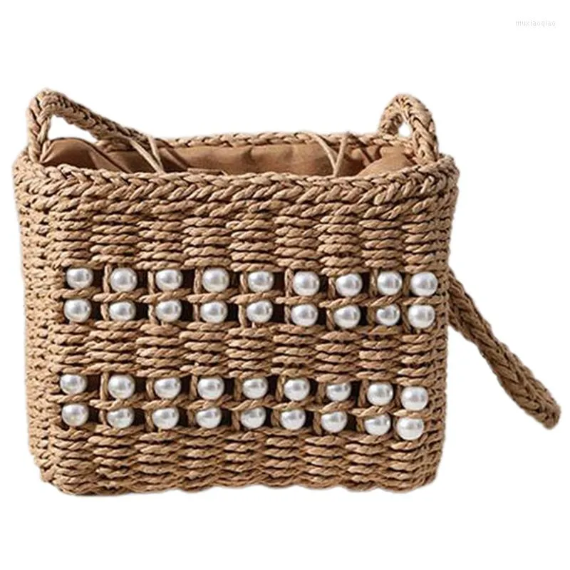 Borse da stoccaggio Summer Pallaw Weave Beach Borse per Women Tote Pearl Fashion Bullo Shopper Seaside Shopper