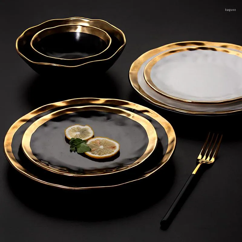 Set di stoviglie Nordic Dessert Piatto occidentale in ceramica oro nero bianco Foderato opaco Bistecca di Phnom Penh Piatto di insalata retrò creativo