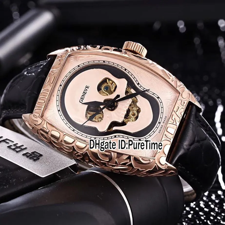 New Croco 8880 Crazy Hours Rose Gold Tattoo Carving Skull Skeleton Dial Automatic Mens Watch Black Leather Strap Sports Watches Ch313k