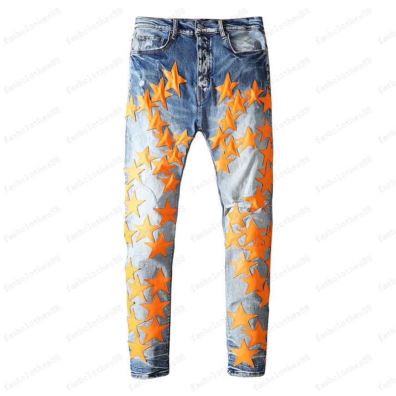 Мужские джинсы звезда разорванные тонкие узкие мужские брюки апельсиновое пятно носимое эластичное байкерский модный модный длинный прямой хип -хоп с отверстиями Blue QF40