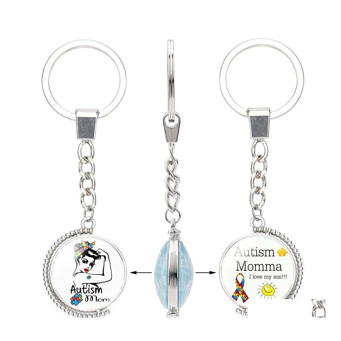 سلاسل المفاتيح Lanyards Fashion Kids Autism Austism الوعي مزدوج على جانب الأطفال الأولاد Girls Glass Cabochon Keains Inspirations Jewe Dhkgo