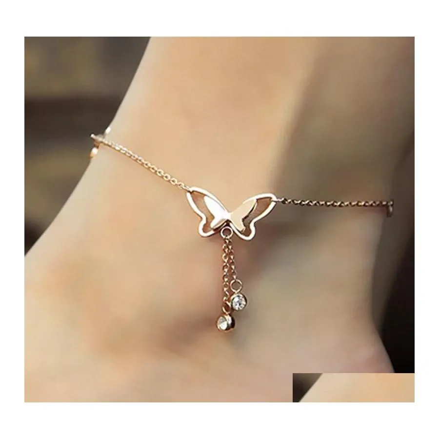 Anklets Butterfly Pendant Foot Chain For Women Summer Yoga Beach Leg Ankle Bracelet Girls Handmade Rose Gold Sier Fashion Jewelry Dr Dhw4A