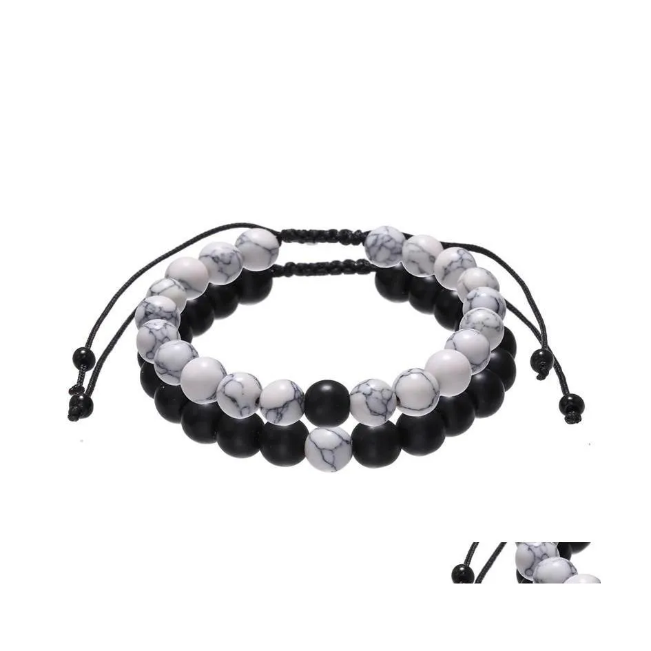 Braccialetti con ciondoli 2 pezzi / set coppie distanza treccia set da uomo regolabile pietra naturale bianco e nero braccialetto con perline Ying Yang Jewelrycha Dh3Xl