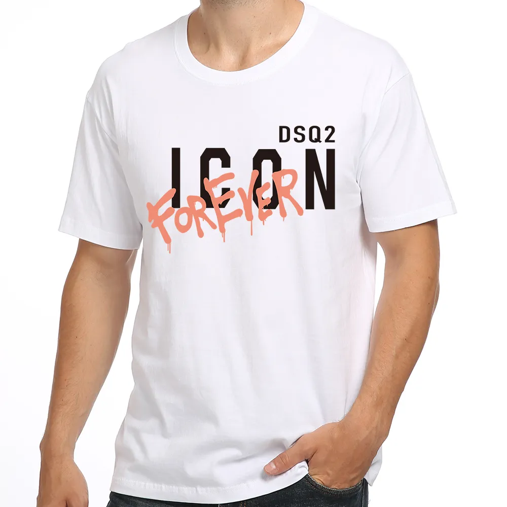 DSQ2 COTTON TWILL FABRIC 여름 새로운 스타일 패션 캐주얼 프린트 인쇄 핫 스탬핑 남자 짧은 슬리브 티셔츠 패션 브랜드 다목적
