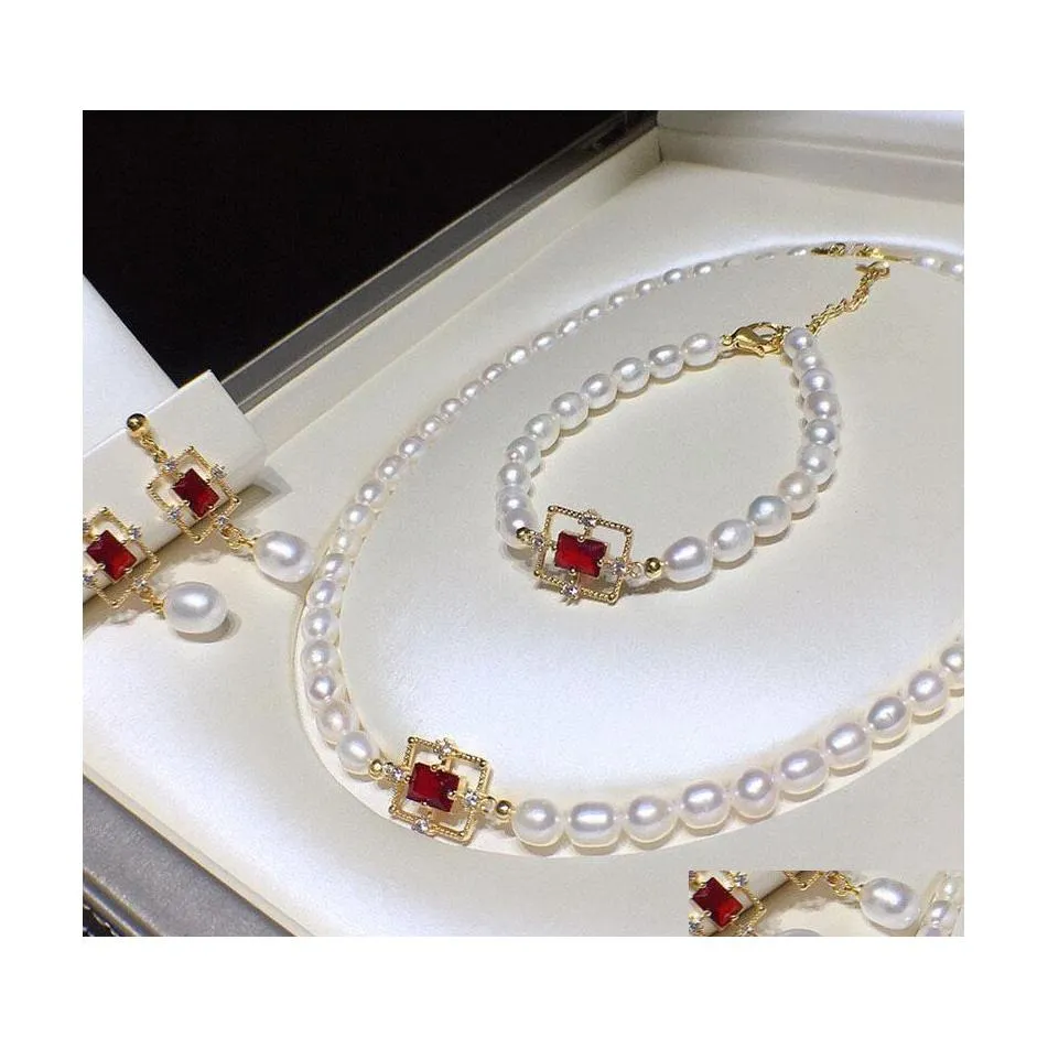 Collier de boucles d'oreilles habitude 67 mm blanc natural natural ewater perle bracelet rouge cz sqaure raccords beaux bijoux ensembles pour les femmes drop dhynl