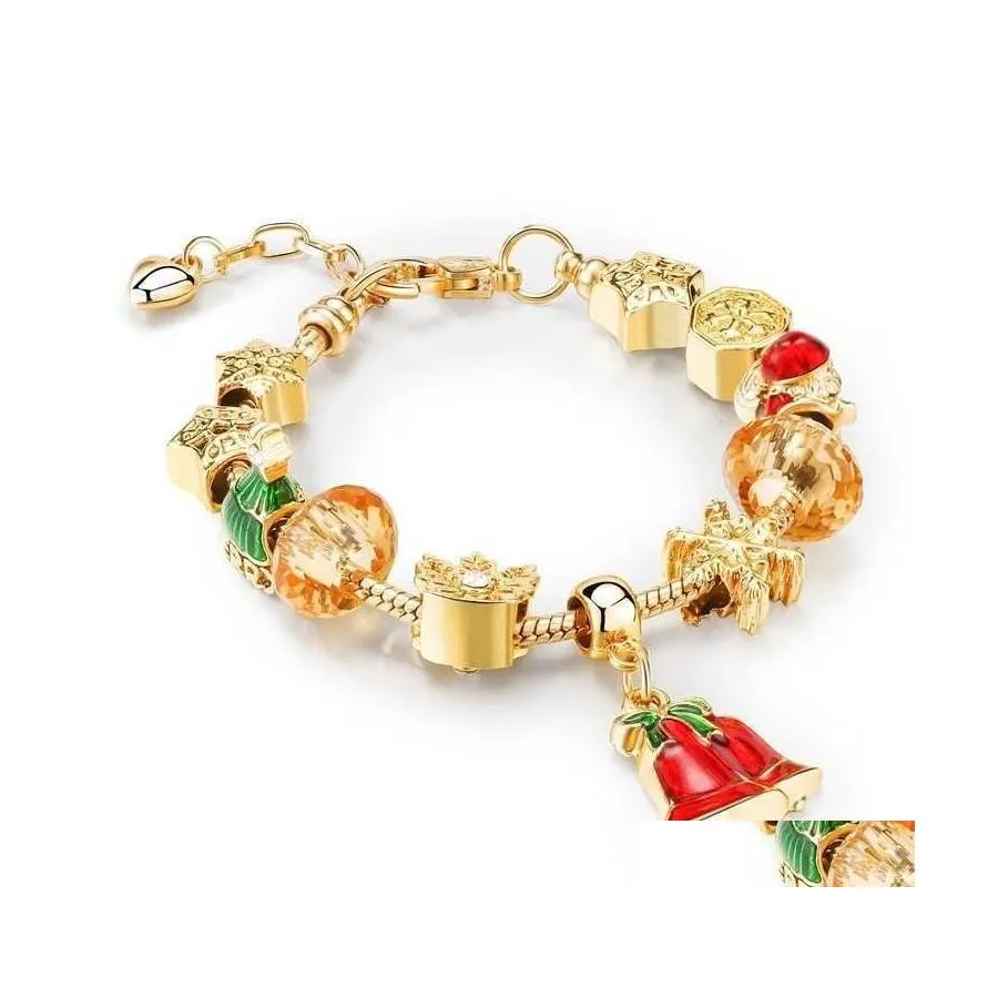 Charm Bracelets European Style Diy Large Hole Bead Bracelet Christmas Gifts For Women Girl Holiday Gift Golden Red Bell Drop Deliver Dhscg