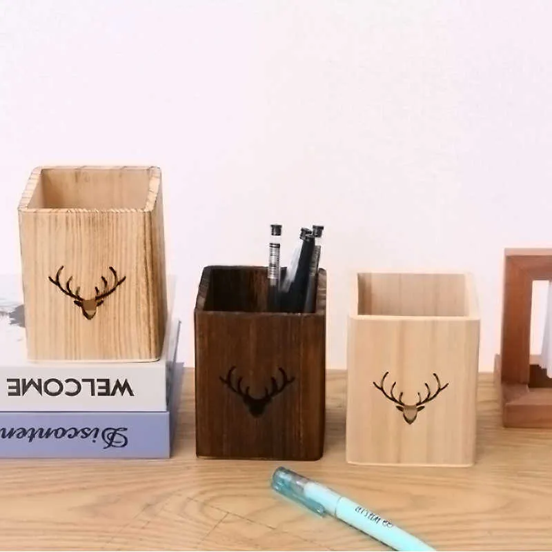 Mignon motif en bois carré porte-stylo pinceaux de maquillage outils tasse étui créatif bureau école bureau stockage boîte à crayons