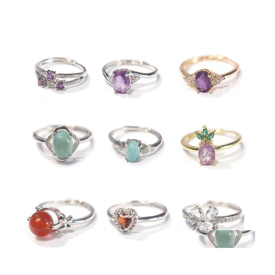 Solitaire Ring Natural Crystal Wholesale Gemstone Rings Bk Sier Womens Healing Jewelry Facetterade Amethyst Oval Larimar Carnelian Heart Dhijp