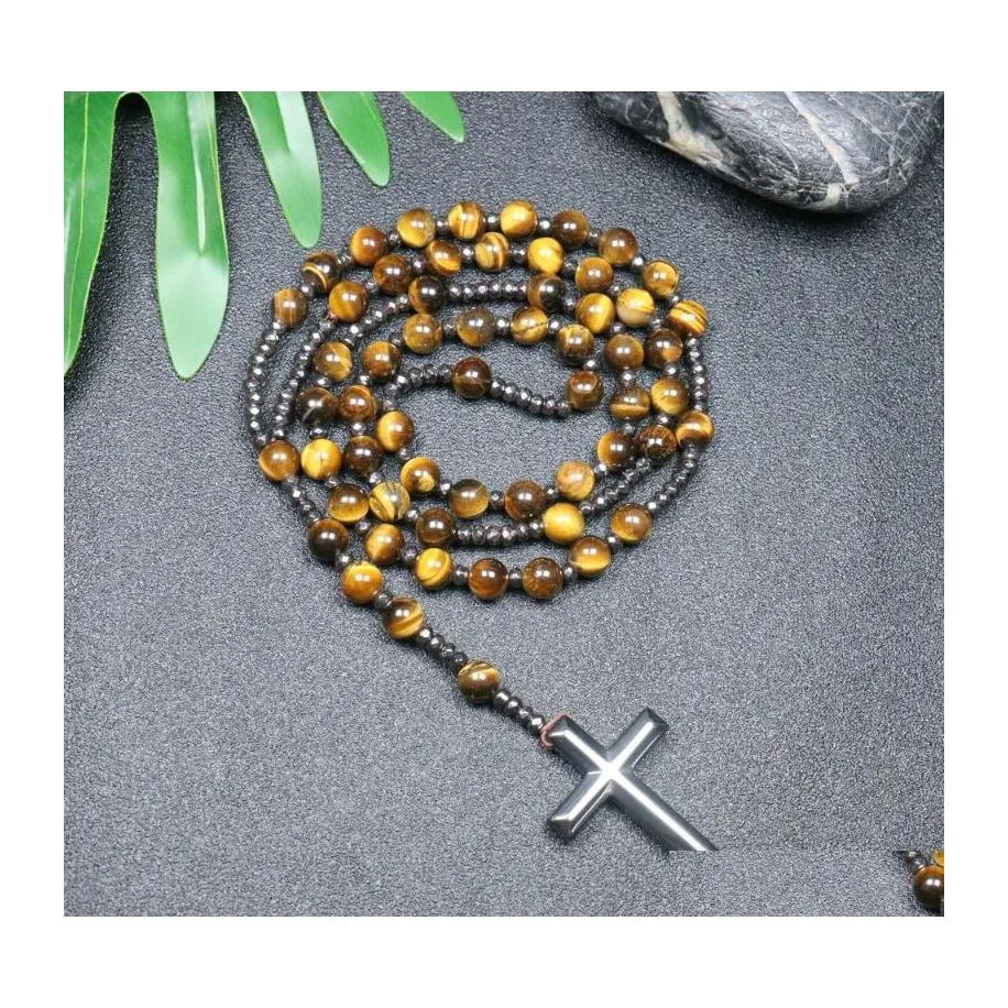 Collane con ciondolo Collana con perline occhio di tigre naturale per donna Uomo Cattolico Cristo Rosario Ematite Croce Meditazione maschile Gioiellipenda Dh8Cy