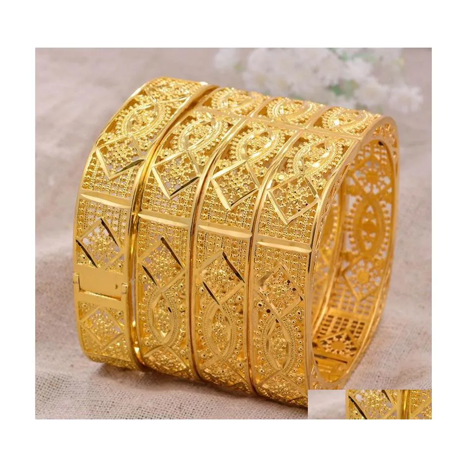 Bangle 24K Dubai 4Pcs/Lot Gold Color Bangles For Women Bride Wedding Ethiopian Bracelet Africa Arab Jewelry Charm Bresslate Drop Del Dhf9B