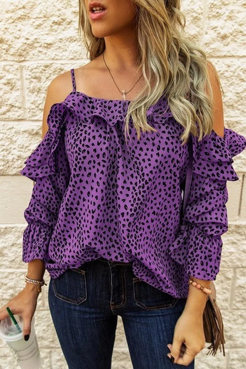 Women's T Shirts 2022 Summer Big Size Full Sleeve Sling Elegant Ruffle Printed Leopard Green Round Neck Off Shoulder Sexy Women Tops