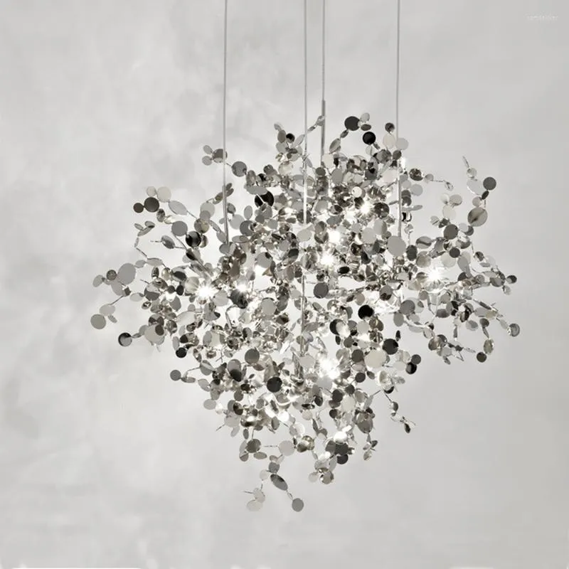 Lampes suspendues Chambre / chambre à coucher Home Art Deo Lighting ZM1015 Fabriqué à la main en acier inoxydable Leafluster Argent Chandelier Lamp For Living