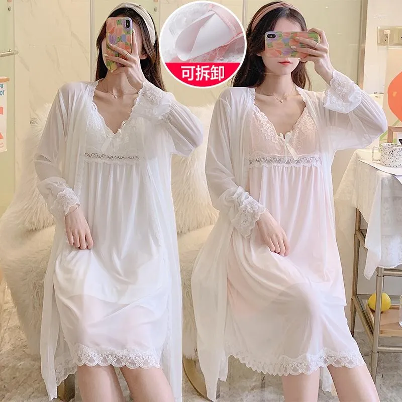 Kvinnors sömnkläder 2022 Autumn 2st Sexig spets underkläder Nightrowns Robes Set For Women Cotton Bathrobe Nightdress Night Dress Nighty