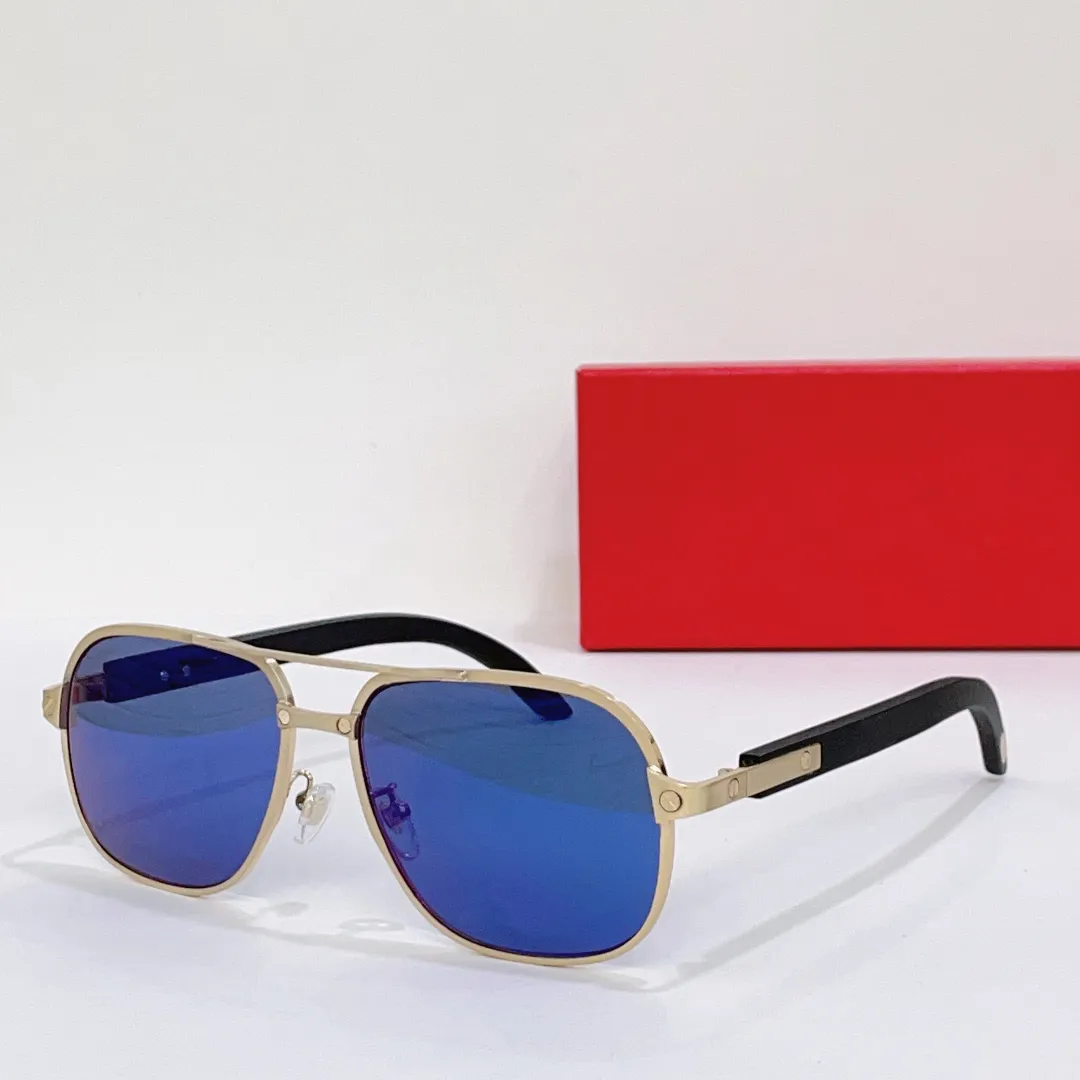 Gold Wood Pilot Solglasögon Blue Lens Men Sunglass Fashion Sunnies Shades UV400 Eyewear With Box