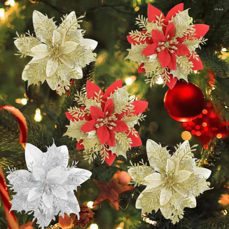 Juldekorationer 5st 14 cm glitter konstgjorda blommhuvud för trädprydnad diy krans girland bröllop fest dekor navidad