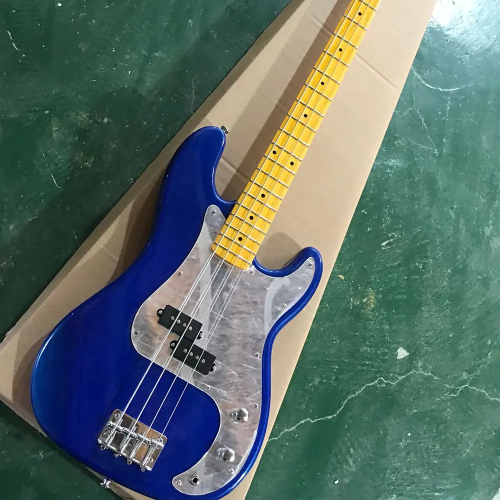 4 Strings Navy Blue Electric Bass Guitar With Mirror Pickguard Yellow