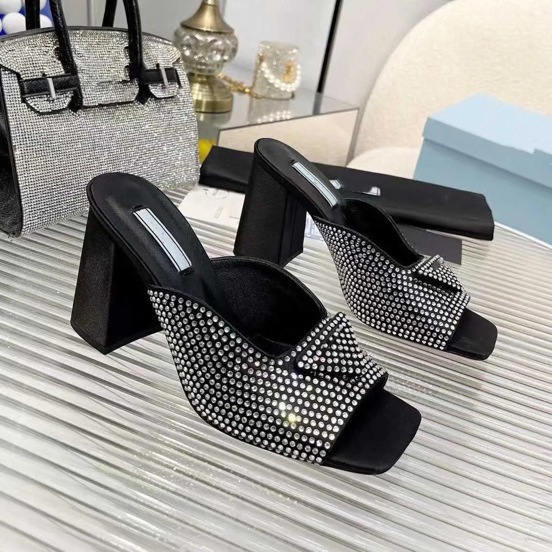 Slippers Mules Shoes Slides High High Cheels Factory Footwear Rhinestone Real Silk Block Block Slip-On Open Open Open Open