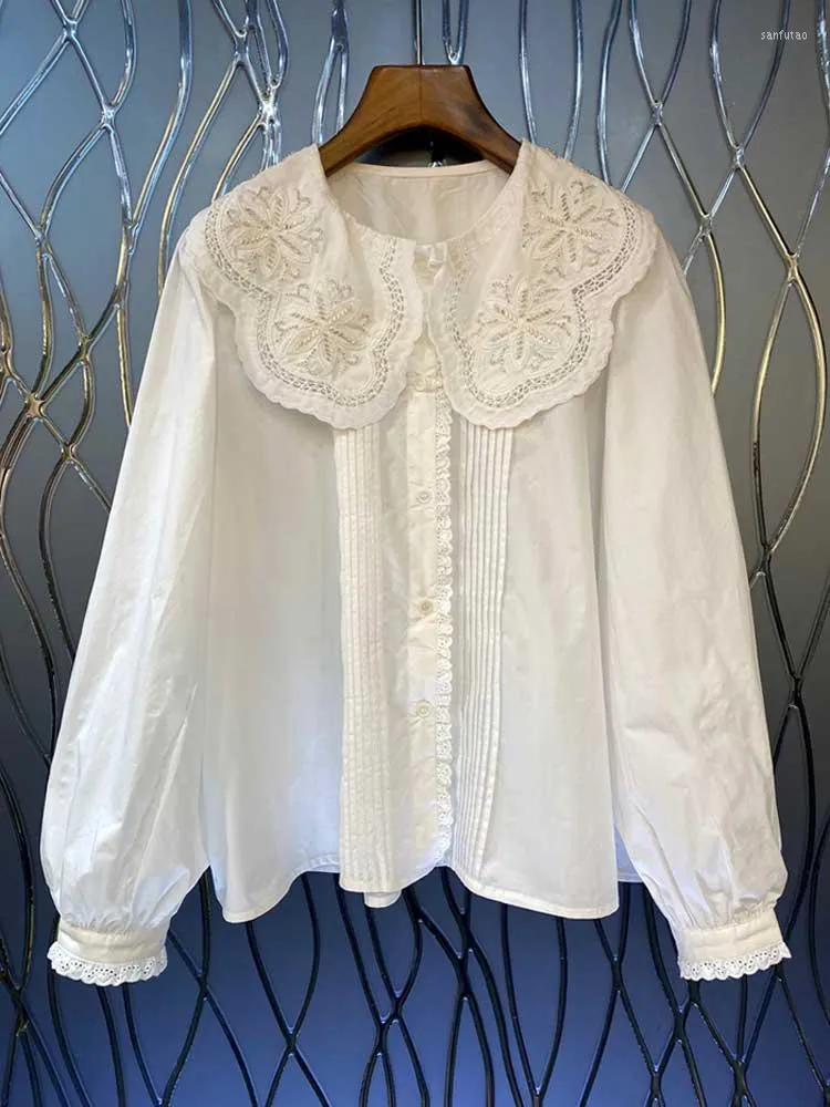 Camicette da donna Boho Ispirato Stile francese Elegante camicia bianca Donna Cotone Chic Bottoni Manica lunga Camicie da donna Camicie Ricamate Top