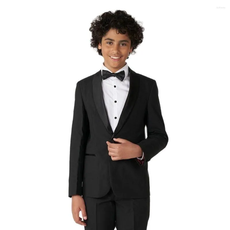 Costumes pour hommes noir couleur unie adolescents garçons Satin revers Blazer sur mesure simple boutonnage fête bal manteau smokings/mariage tenue de soirée ensemble