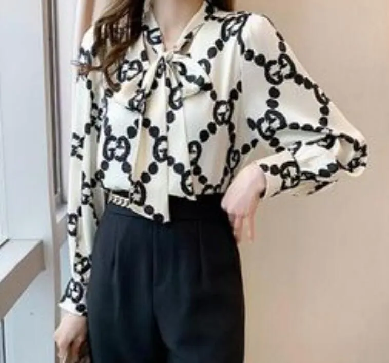 Womens Shirt Tied Neck Chain Print Casual Shirt Long Sleeve Sexy Blouse Tops Asian Size S-2XL