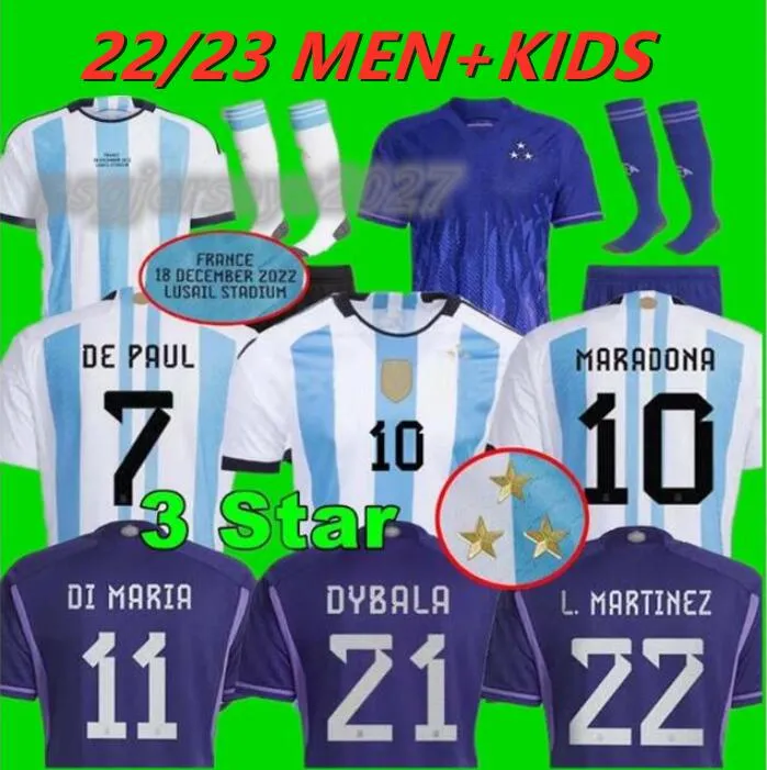 3 Stars 2022 Argentina Soccer Jerseys Player version Fans men kids Set kits 22 23 Argentine Child DYBALA KUN AGUERO ROMERO TAGLIAFICO DI MARIA 2023 Football Shirts