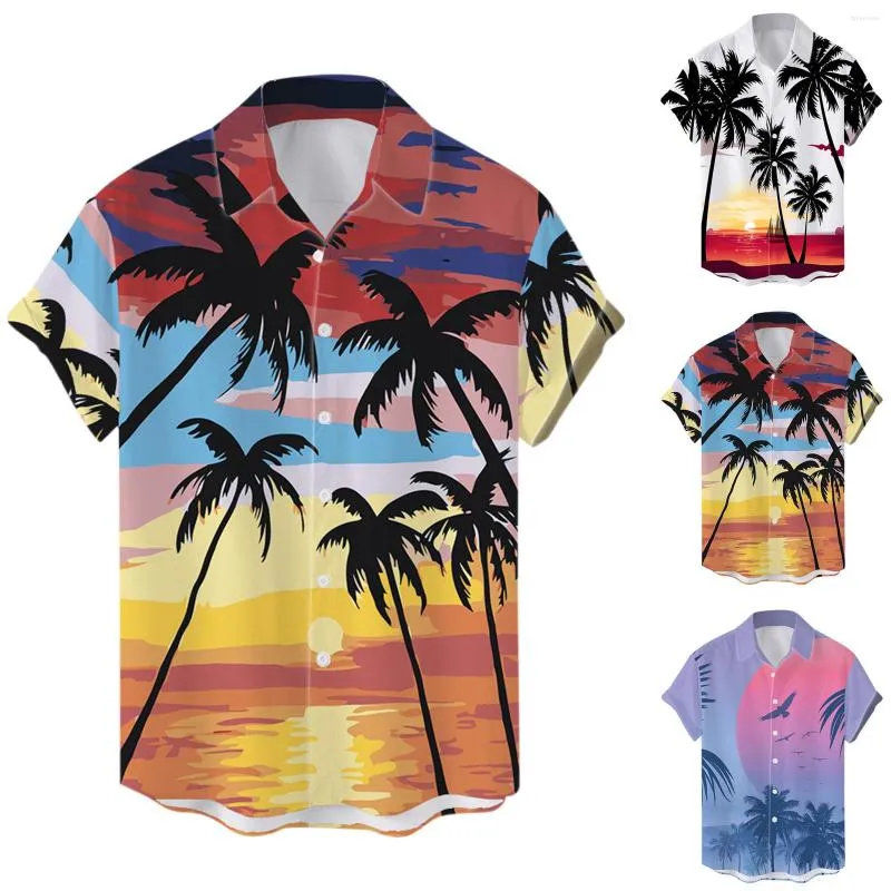 Męskie koszulki Man Man Summer Beach Tree Print Bluzka Krótkie rękawie Odrzuć kołnierz koszulę Hawajów Ubrania streetwearu Camisa Hawaiana