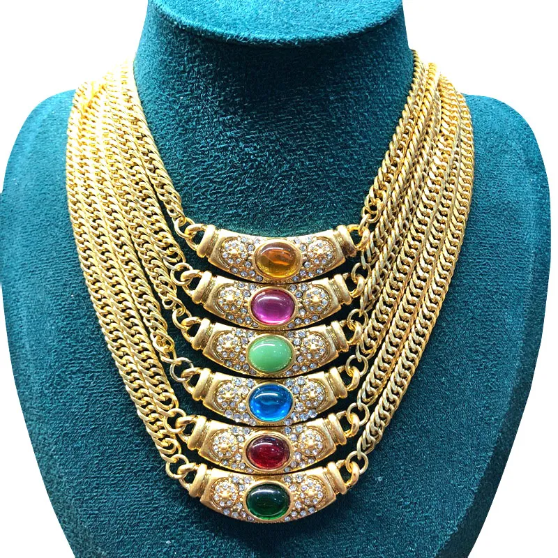 5 color copper chain vintage Western vintage necklace colored gemstones glass neck pendant women's jewelry necklace