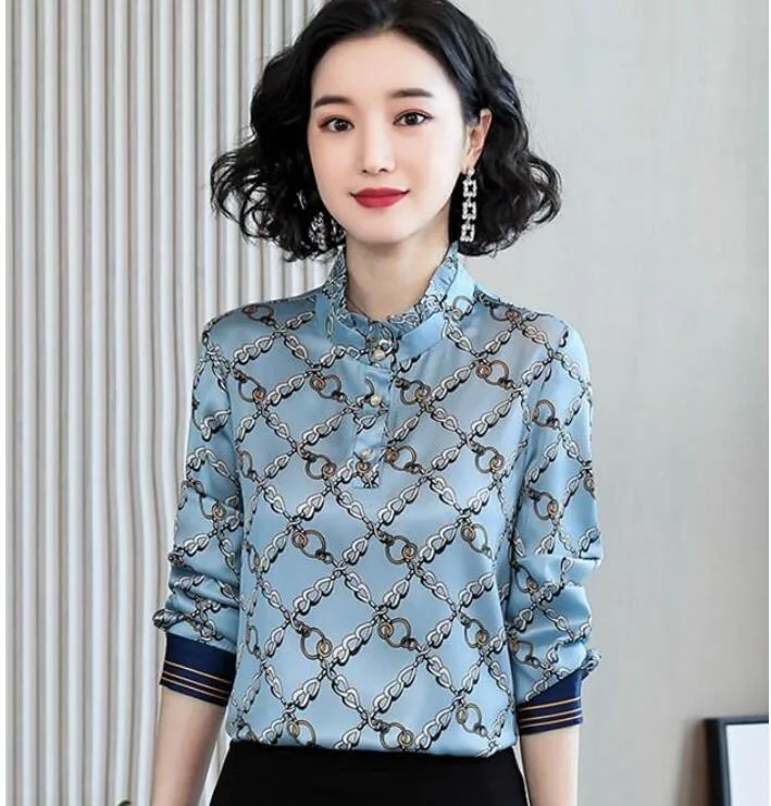 Designer Women Shirt Blouses Printed Silk Fabric Jacquard Texture Satin Classic Office Long Sleeve Elegant Basic Lapel Commuter Versatile Tops