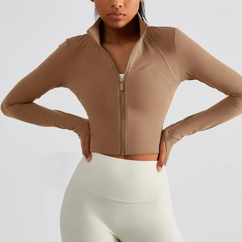 Actieve Shirts Crop Top Gym Jas Vrouwen Strak Shirt Met Lange Mouwen Fitness Sport Workout Duim Gaten Full Zip Up Yoga Oefening Wear