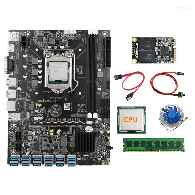 마더 보드 B75 USB BTC 광부 마더 보드 CPU 4G DDR3 RAM 128G SSD 팬 SATA 케이블 스위치 12 PCIE to LGA1155 MSATA