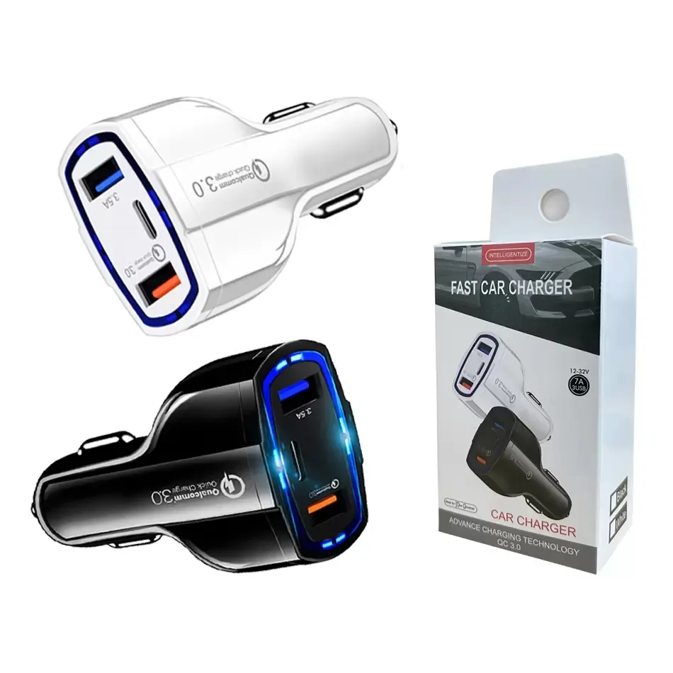 3-Ports LED QC 3.0 PD Car Chargers Fast Charging Type-C 35W 7A Quick Charger Dual USB Adapter For iphone 11 12 13 14 pro max Samsung With Retail Box Package